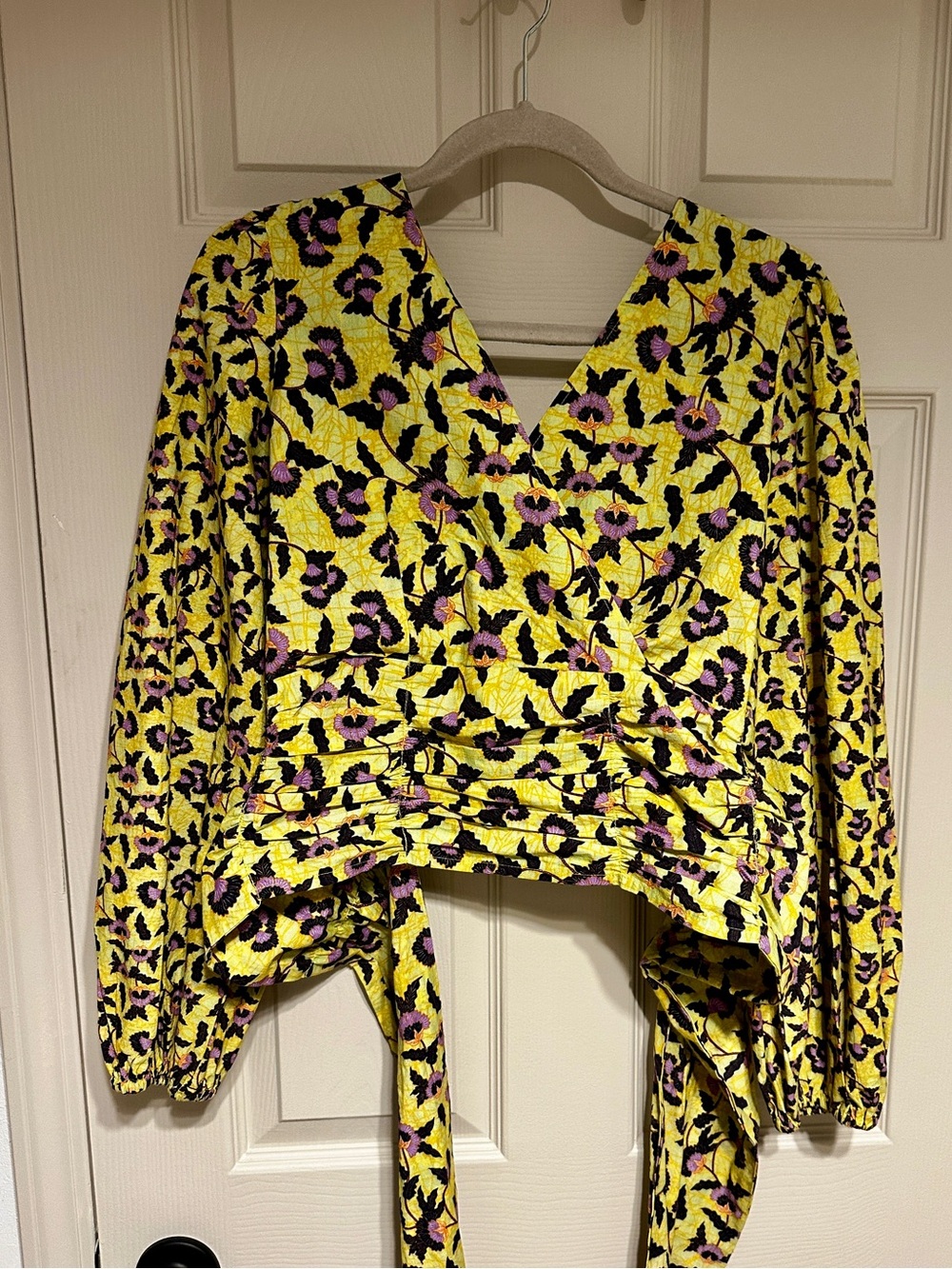 Yellow Floral Wrap Top with Purple and Black Accents